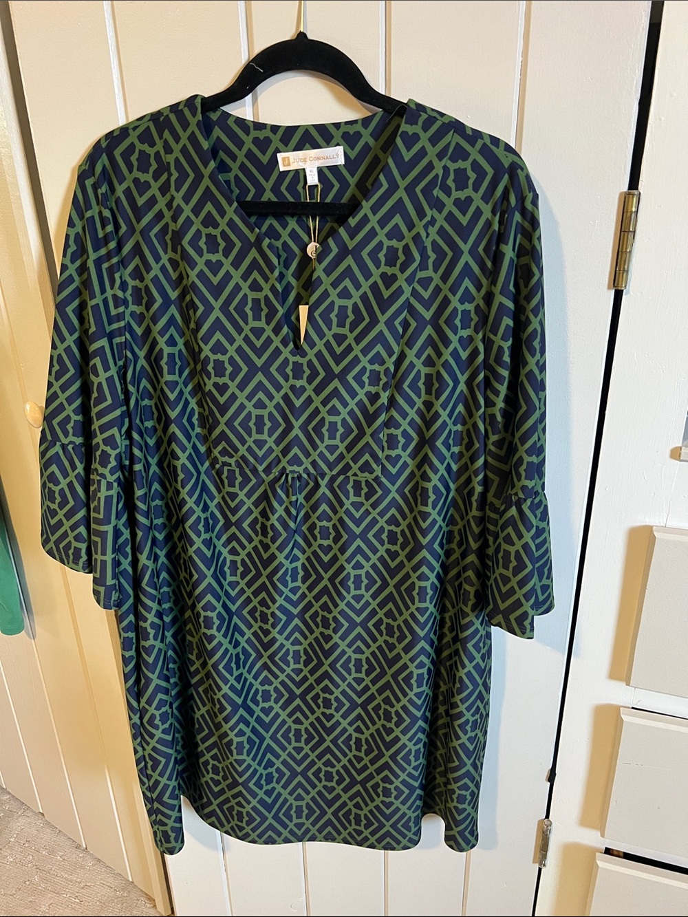 Jude Connally Navy and Green Geometric Short Sleeve Dress